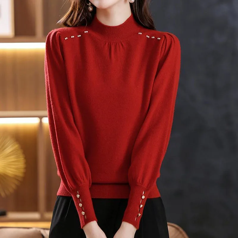 Women Half High Collar Versatile Lantern Sleeve Fold Beading Sweater Four Colors Loose Diamond Inlaid Button Korean Pullovers