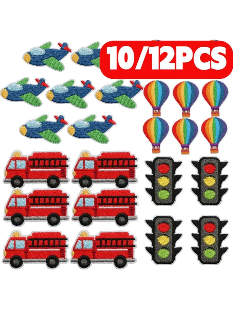 Lot de 10/12 écussons thermocollants brodés pour vêtements, motifs bateau, montgolfière, feux de circulation, voiture, pour pinces à cheveux d'enfants, vente en gros