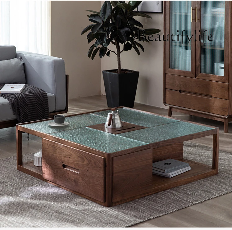 

American Style Solid Wood Tea Table New Chinese Style Tempered Glass Simplicity Tea Table