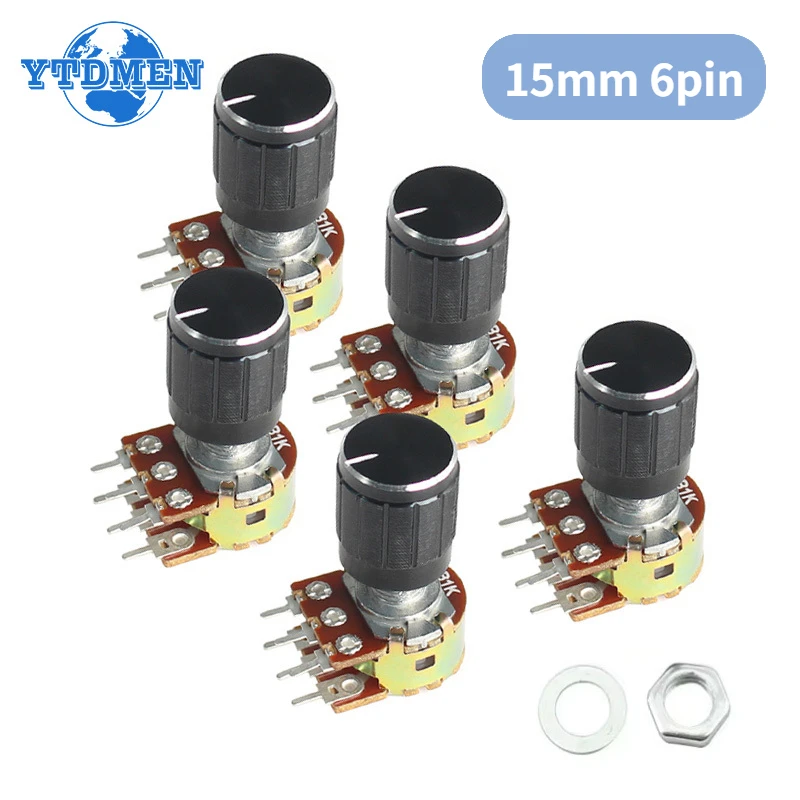 5PCS WH148 Linear Taper Rotary Potentiometer Resistor 15mm 6pin 1K 2K 5K 10K 20K 50K 100K 250K 1M with Black Aluminum Knob Kit