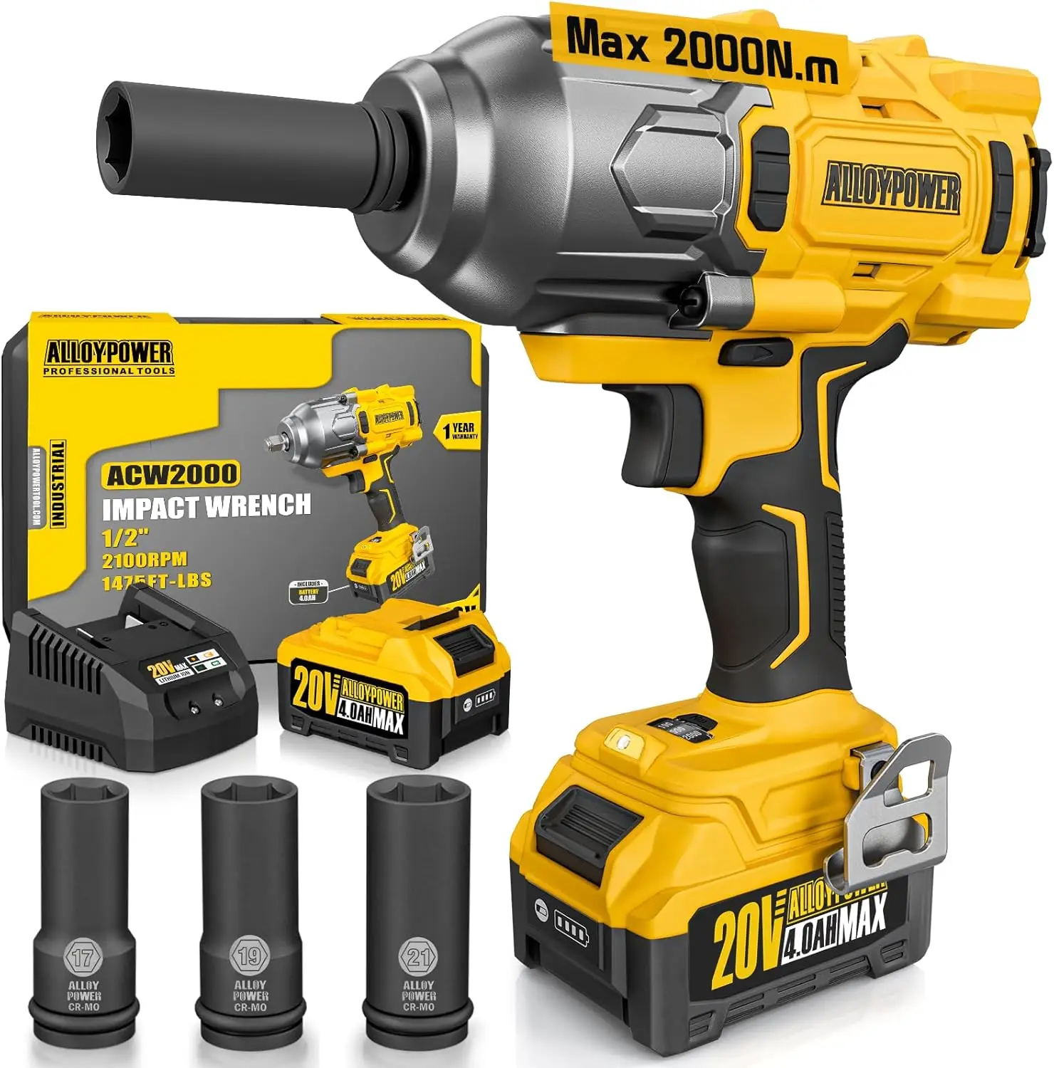 ALLOYPOWER Cordless Brushless Impact Wrench, 1475 ft-lbs (2000N.m), 1/2 High Torque power impact gun, 3-Mode Speed, 4000mAh Batt