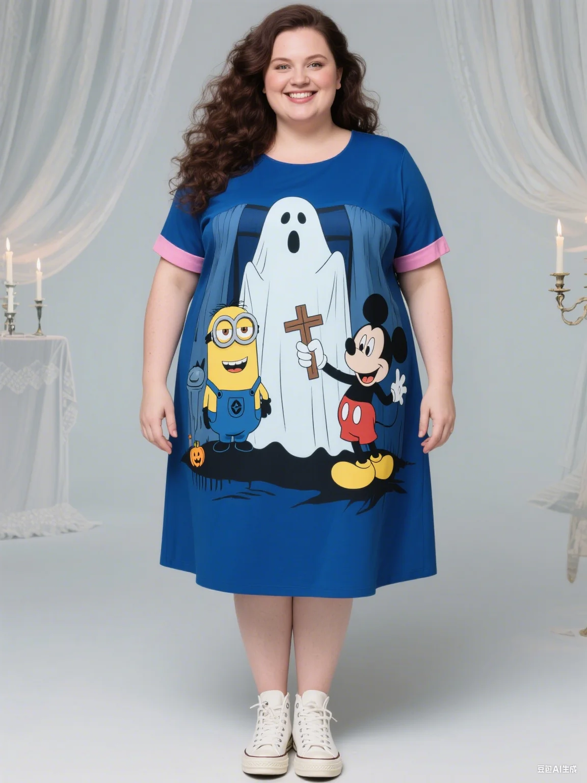 

2025 г., осеннее женское платье больших размеров с забавным IP-принтом Disney на Хэллоуин, женское платье без рукавов с круглым вырезом для модного наряда