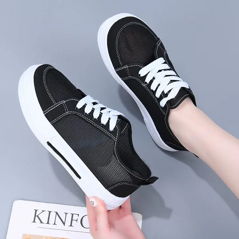

Trendy Thick Bottom Canvas Shoes Women's Mesh Footwear Spring Summer New Style Breathable Board Shoes Student Footwear
