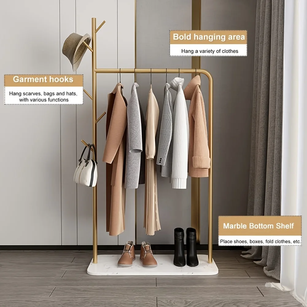 

Gold Clothes Rack with Marble Bottom Shelf, Heavy Duty Clothing Racks for Hanging Clothes, 5 Side Hooks Display Garmen