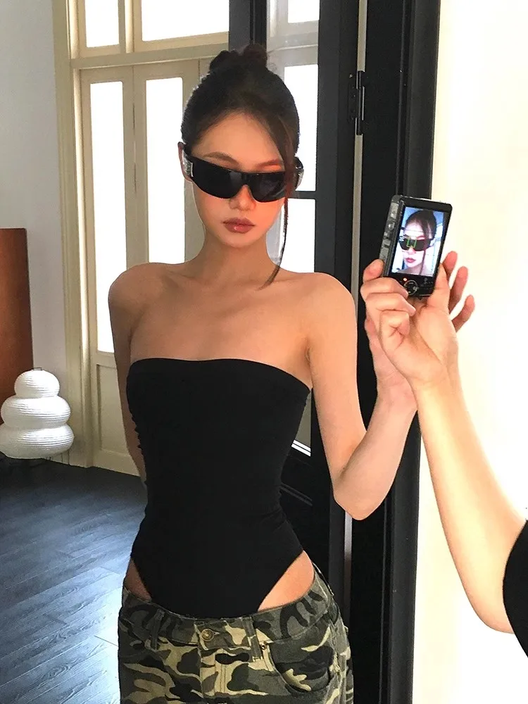 Seamless Bandeau Strapless Bodysuits with Ruched Bust Stretchy Soft Playsuits Hotsweet Style Y2K Club Party Lady Wear for Women