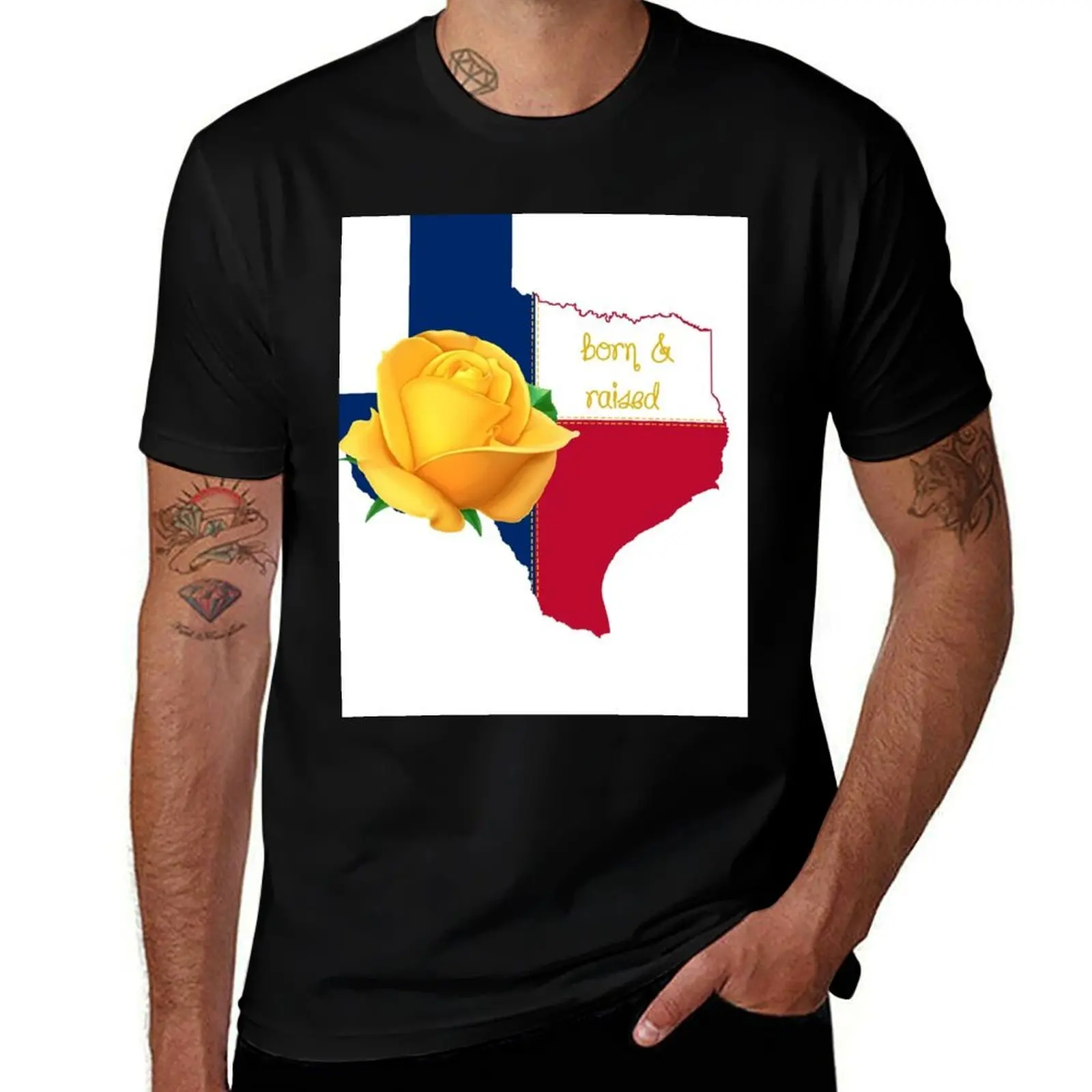 Texas Born and Raised, Yellow Rose and Flag T-Shirt Light Athletic Short Sleeve Tee Shirt