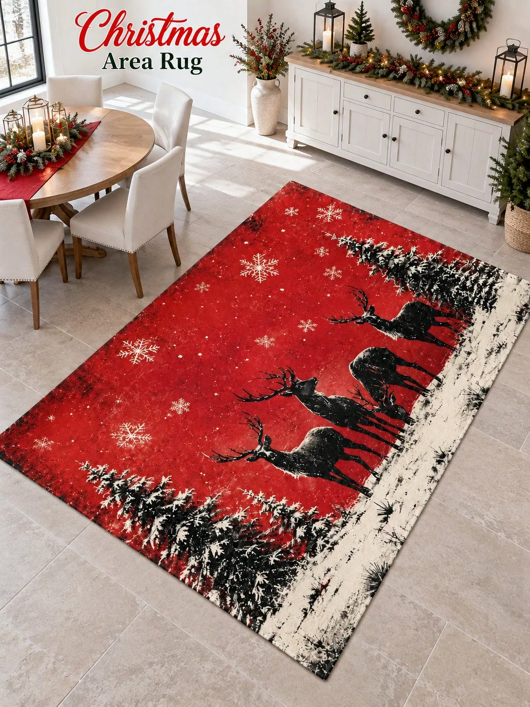 Christmas Rug Reindeer Forest Snowflakes Living Room Bedroom Lounge Hallway Floor Carpet Gift for Mom Dad Sisters Friends Winter Thanksgiving Birthday Anniversary Housewarming Apartment Cottage Home Styling Sofa Side Reading Nook Holiday Gathering