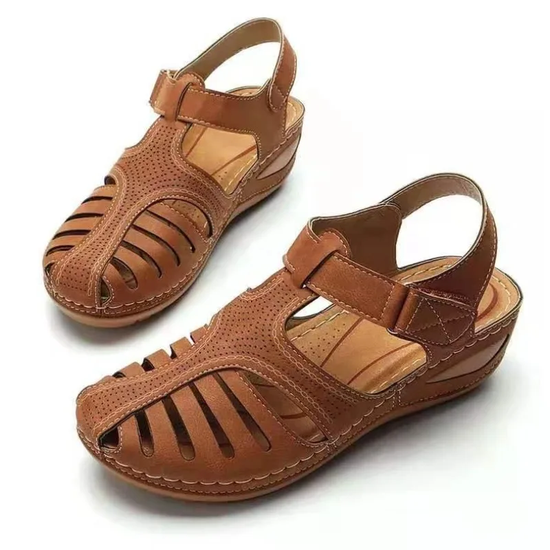 Women Closed Toe Wedge Sandals Cut Out Hook and Loop Casual Comfortable Soft Sole Summer Outdoor Walking Shoes Female