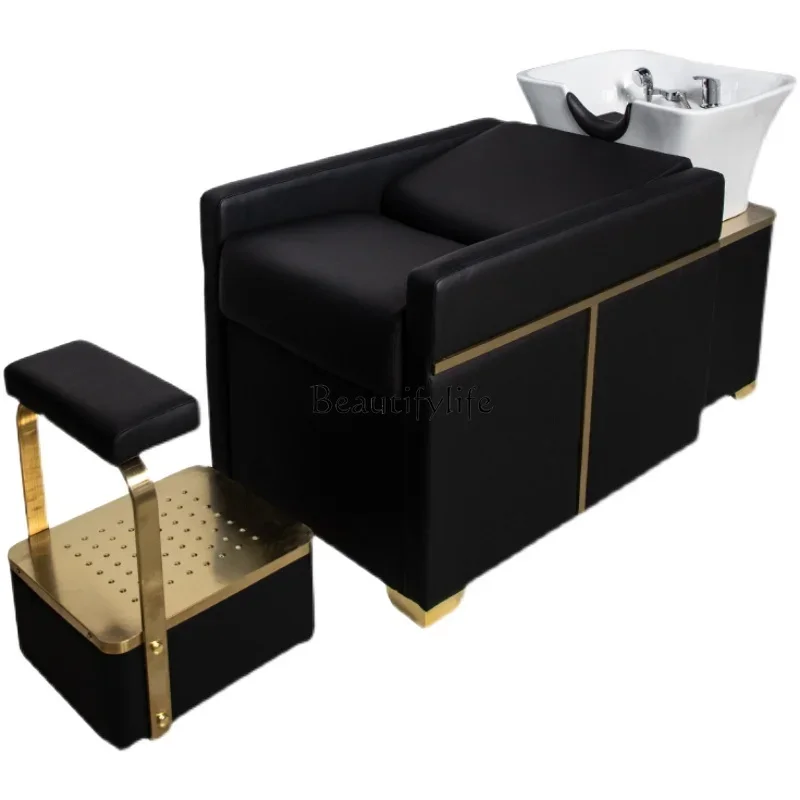 

Hair Salon Shampoo Chair Light Luxury and Simplicity Facial Bed Gold-Plated Stainless Steel Half Lying Flushing Bed