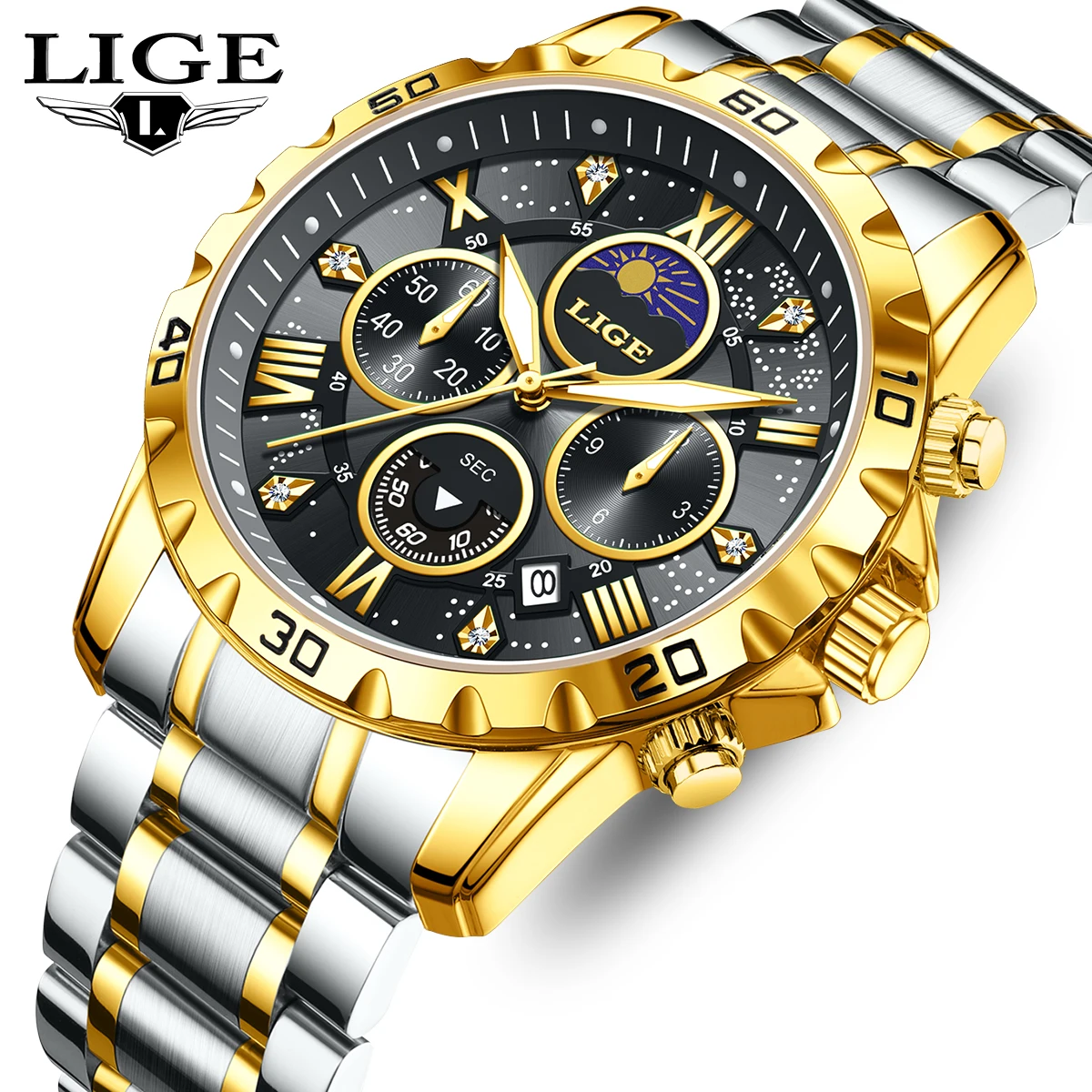 

LIGE Top Brand Luxury Watches Mens Fashion Quartz Wristwatches 30M Waterproof Luminous Chronograph Mens Watch Steel Watch