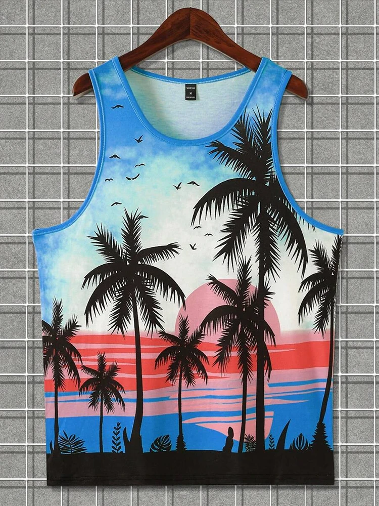 Hawaiian Style Men\'s O-neck Tank Top Summer Outdoor Beach Men\'s Casual Tank Top Sport Fitness Men\'s Sleeveless T-shirt 3D Print