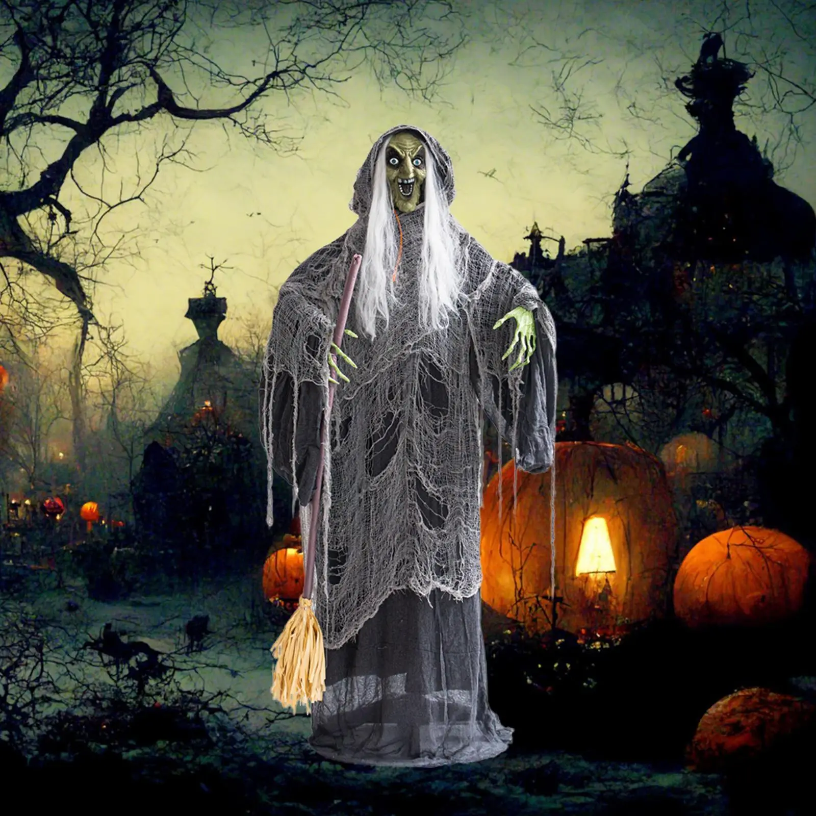 

Halloween Witch Standing Figurine with Scary Sound Hanging Light up Prop for Holiday Carnival Haunted House Indoor Outdoor Porch