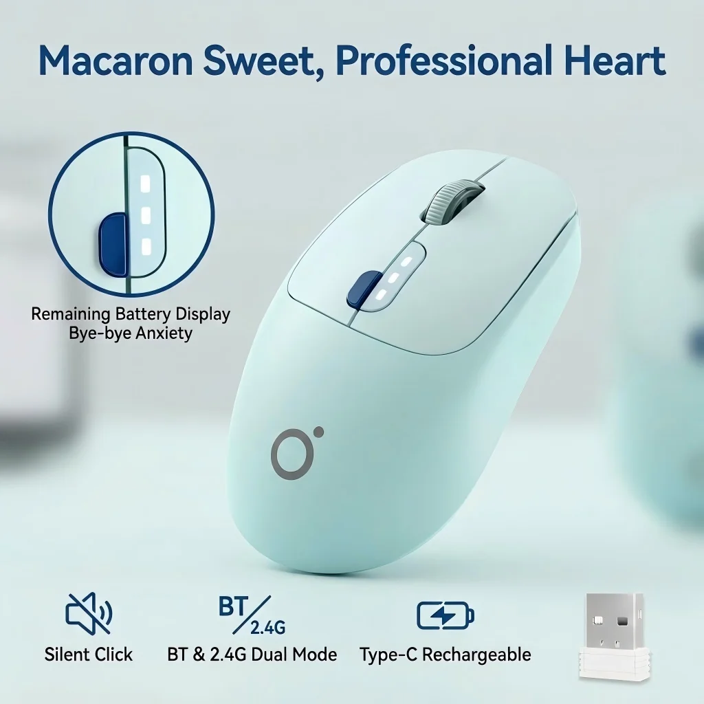 

Cute Macaron Wireless Mouse with Power Display, Quiet Bluetooth 2.4G Ergonomic Office Mouse, Portable Mini Gift for Laptop iPad