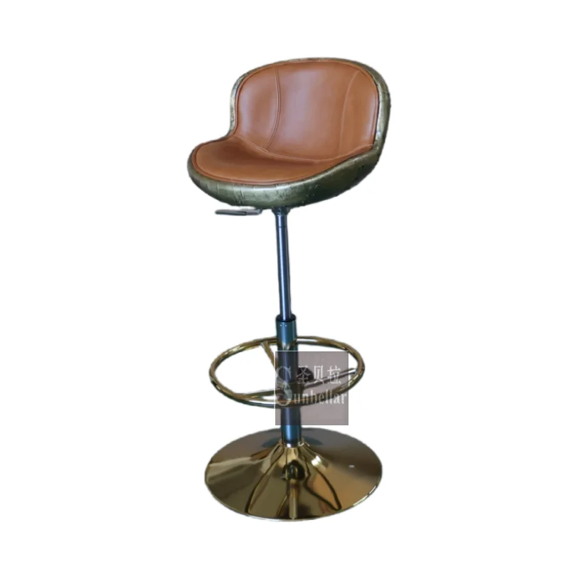 

Lift &down Vintage Brown Genuine Leather bar Stool Antique Brass Gold Metal Aluminium Back Round Steel Base Swivel bar Chairs