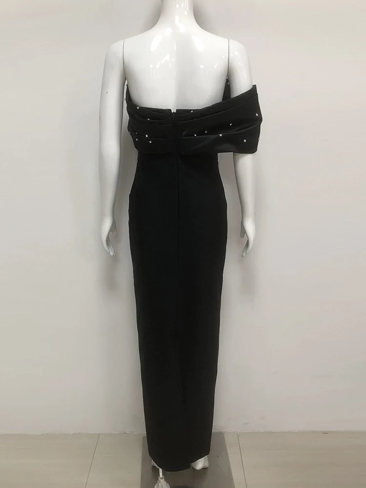 Sexy une épaule perlée plis robe de pansement femmes noir sans bretelles plissé perle longue robes moulantes robes de soirée