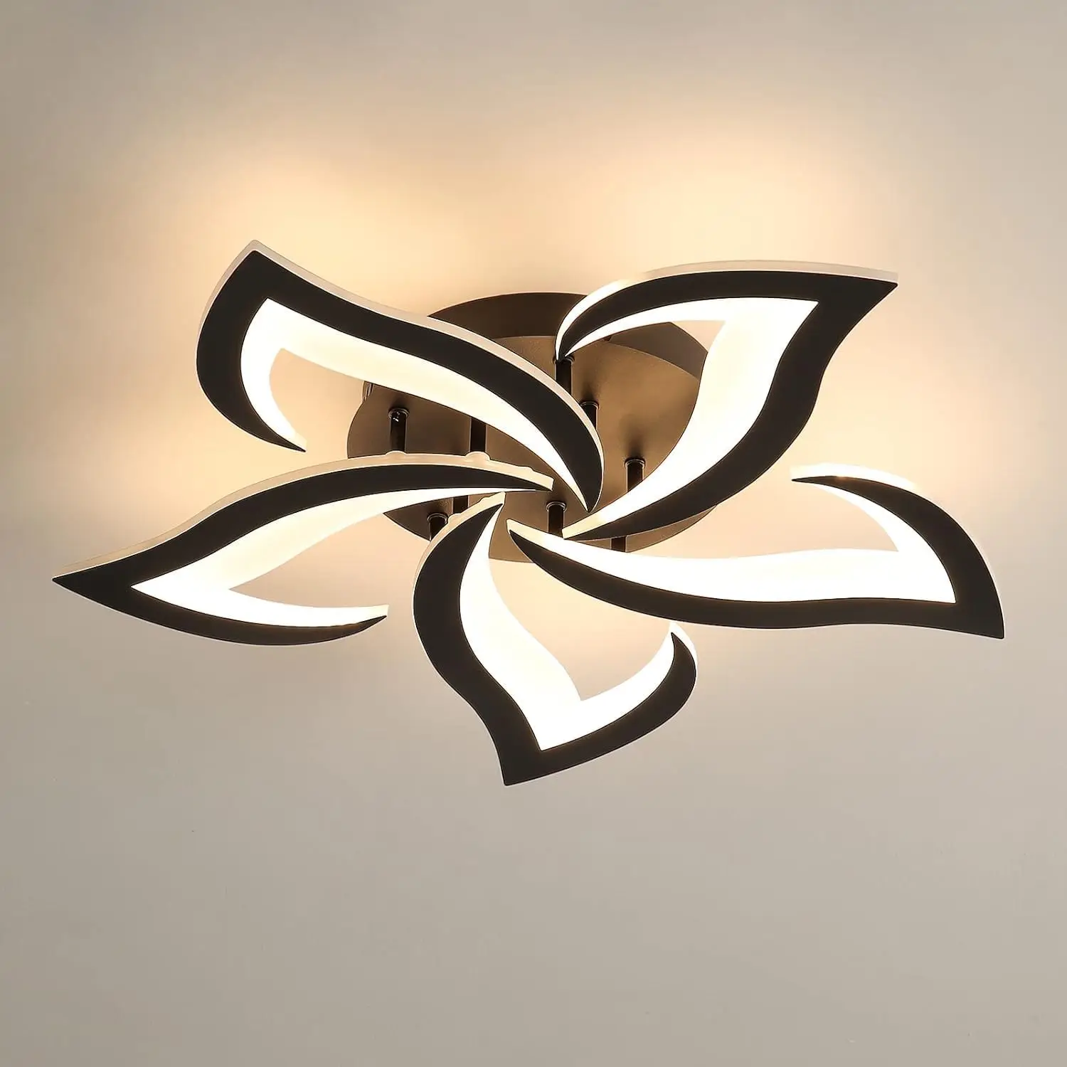Lampade da soffitto moderne, plafoniera a LED a 5 petali neri da 60 W 6000 LM, per soggiorno, camera da letto, bianco caldo 3000 K