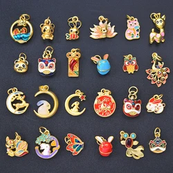 10pcs/Lot Chinese Style 3D Goldfish Gold Plated Charms Lucky Pendant Alloy Animals Rabbit Tiger Panda Pendants Jewelry Making