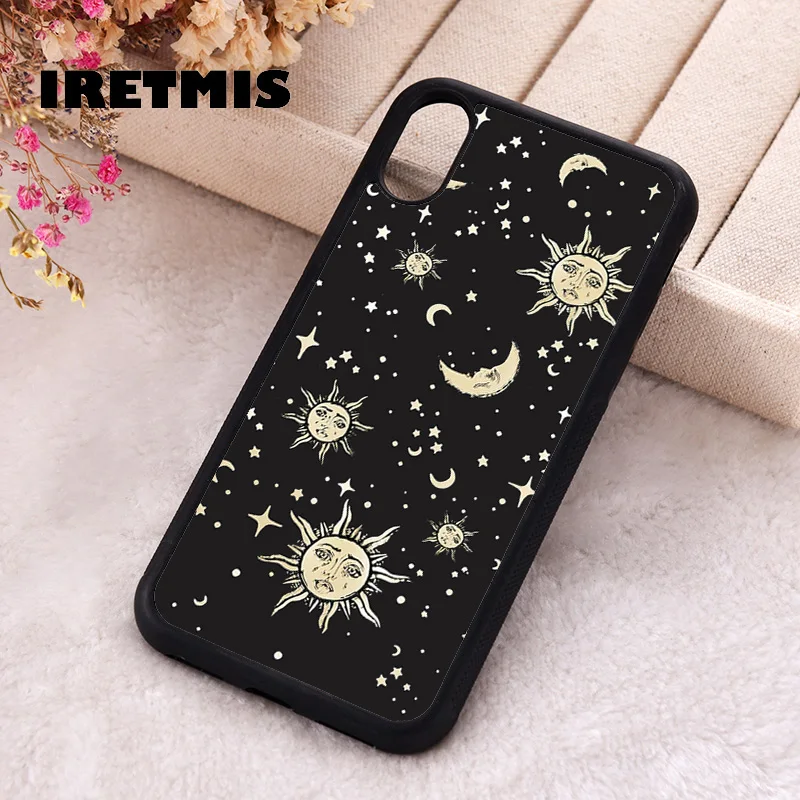 Iretmis Phone Cover Case For iPhone X XS Max XR 11 12 13 PRO MINI 14 15 16 Plus Rubber Silicone Celestial Sun and moon