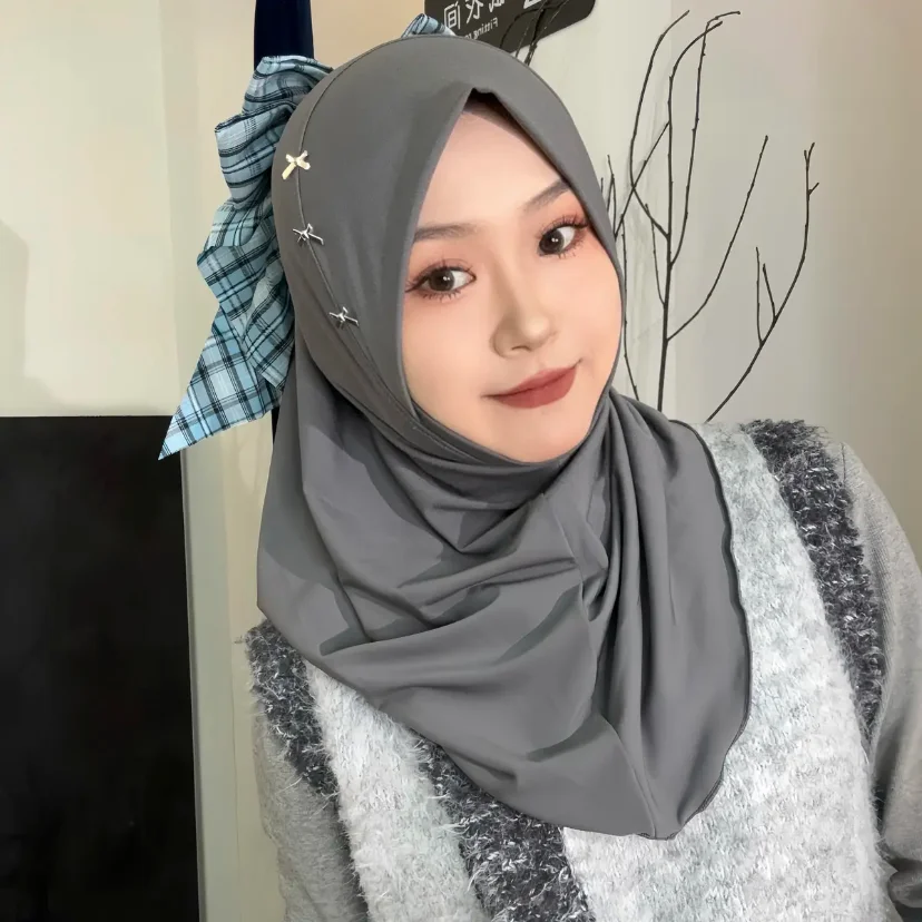 

2025 Big Bow Sweet Style Muslem Girls Instant Hijab