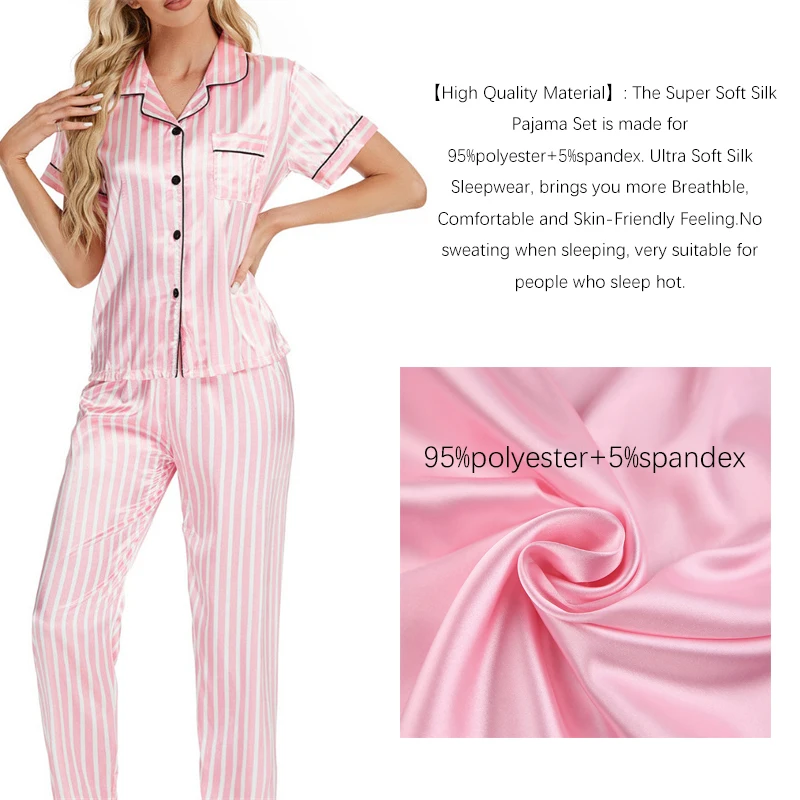 Autumn Silk Satin SleepWear Pajamas Pink White Striped S-XL Short-sleeved With Full Length Pants Nightwear Lingerie Notch Collar