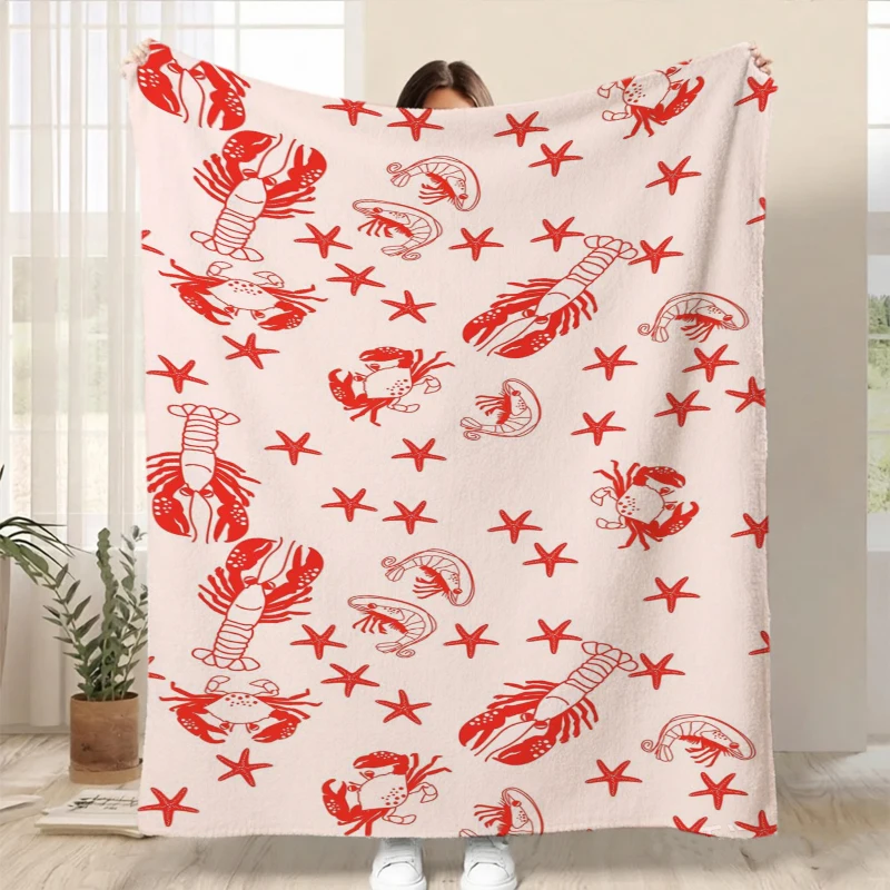 Pink Background Red Lobster Starfish Crab Flannel Blanket For Coastal Bedroom Decor Soft Warm Throw Blanket Spread