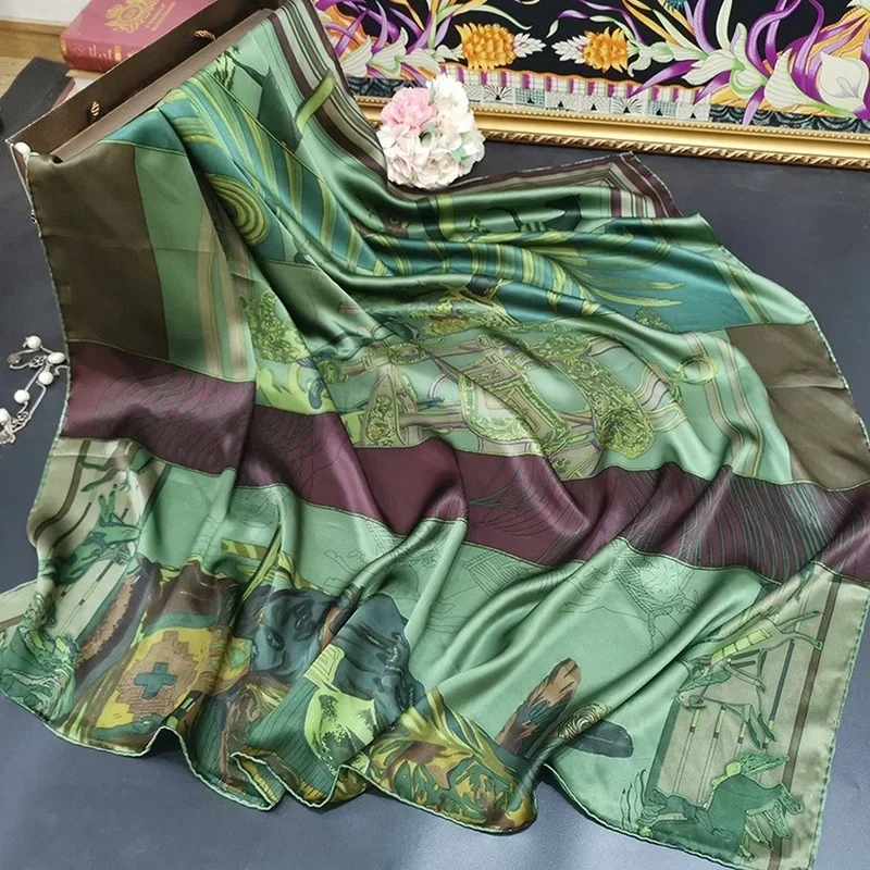 High-end Elegant Women's Exquisite Olive Green Horse Print Quality Plain Satin Silk Hand-rolled Edge Large Square Scarf Shawl