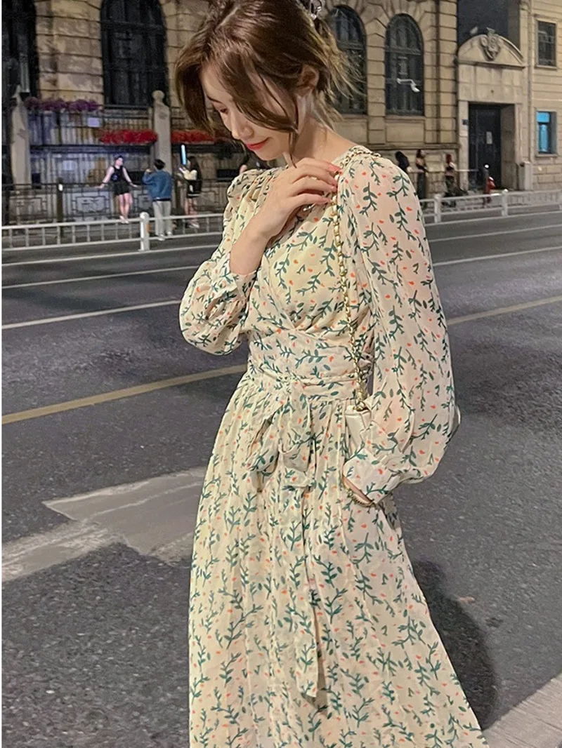 Green French long sleeved floral chiffon dress for women's 2024 spring/summer new waistband slimming tea break long skirt ERJP