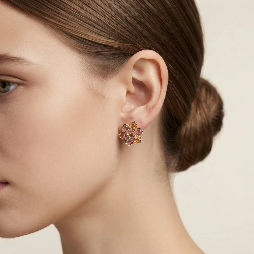 Gold Flower Pink Crystal Earrings Elegant Floral Stud Earrings For Women Daily Dating Jewelry Sweet Birthday Gift For Ladies