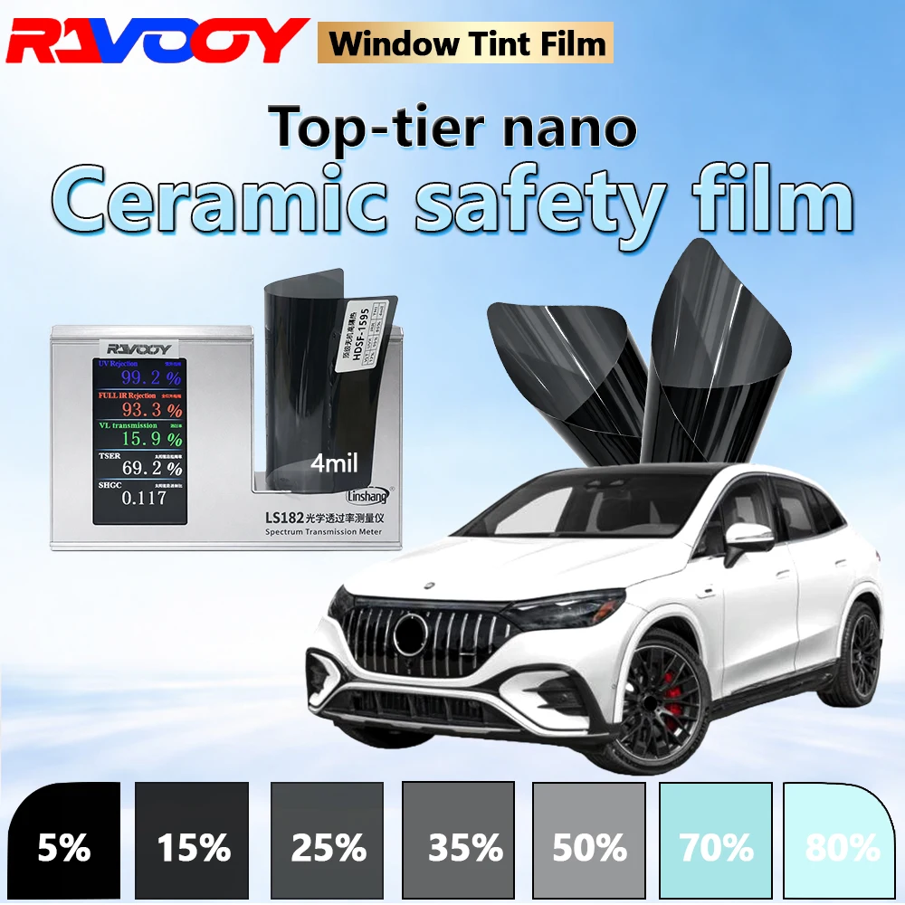 

RAVOOY Car Window TintHDSF1595 Series Top Tier Nano Ceramic Safety Window Film 4mil 15.9% VLT High Thermal Insulation 152CMX30M