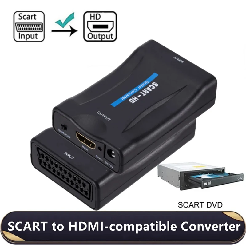 SCART To HDMI-compatible 1080P Video Audio Upscale Converter Adapter for HD TV DVD for Sky Box STB Plug and Play DC Cable