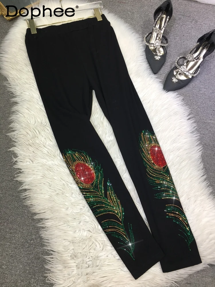 Heavy Embroidery Hot Drilling Leggings Women\'s High Waist Slimming Black Tight Ankle-Length Pants Autumn and Winter Leggings