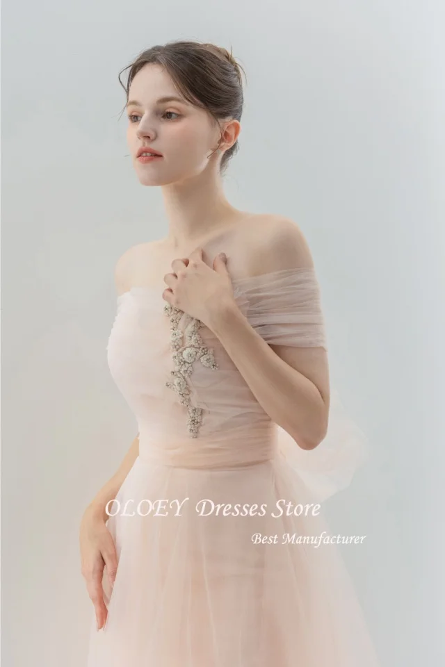 OLOEY 핑크 공주 한국 웨딩 드레스 a 라인 오프 숄더 댄스 파티 드레스 바닥 길이 사진 Shooy 댄스 파티 드레스