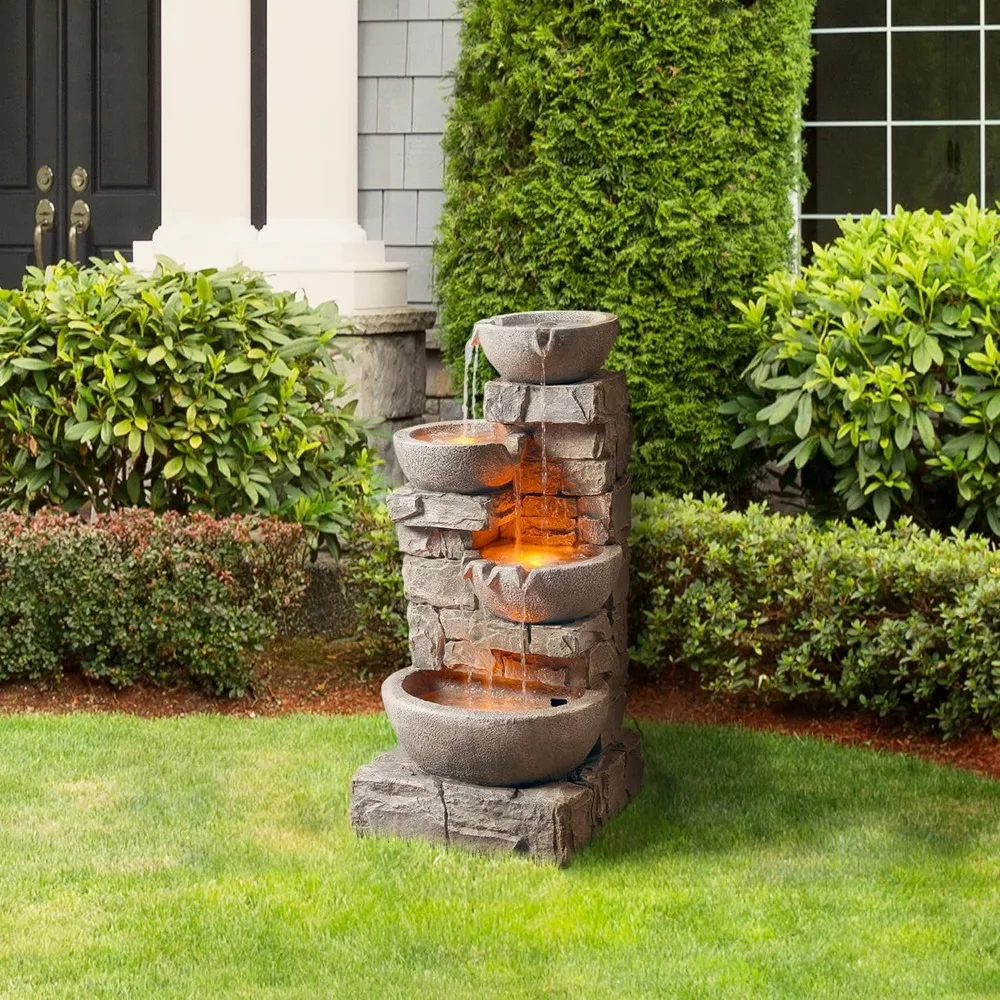 Cascading Bowls and Stacked Stones LED Outdoor Water Fountain for Gardens, Landscaping, Patios, Balconies, and Lawns，33.25 in.