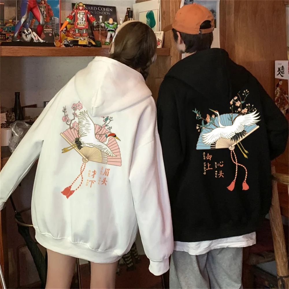 

2023 New Women Men Hooded Long Sleeve Sweatshirt China Red-crowned Crane Printed Oversized Hip Hop Street Style Tops