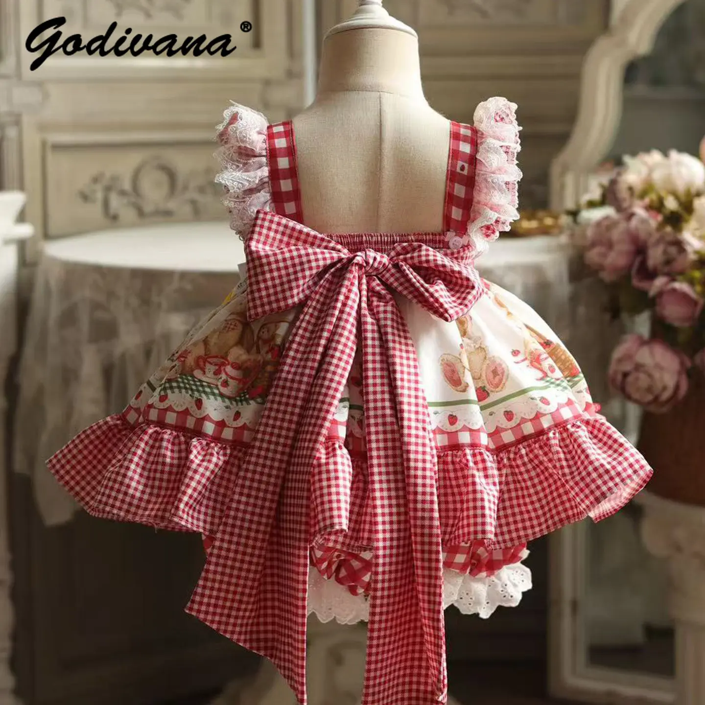 Baby Girls Original Red Plaid Slip Dress 2026 Summer New Kids Cute Bow Lacetrim Cartoon Print Kindergarten Daily Casual Dresses