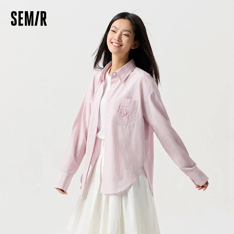 Semir Long Sleeve Shirt Women Mid-Length Embroidered Elegant 2024 New Spring Striped Top Temperament