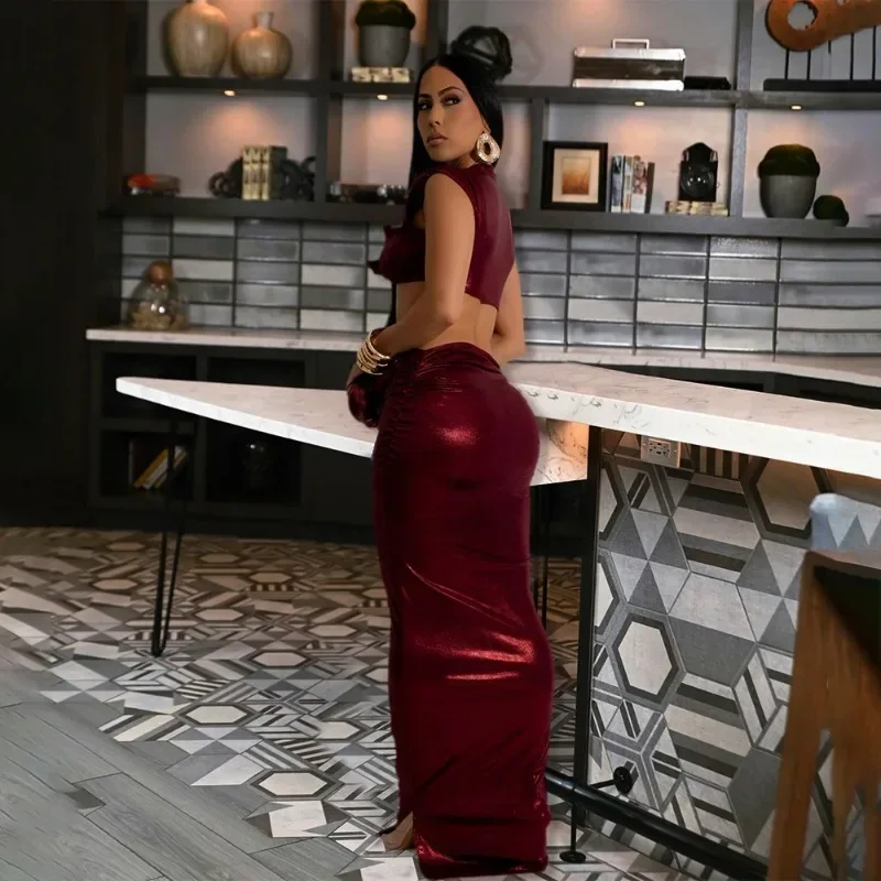 

Women Y2K Metallic Gilding Chic 2 Piece Set Sleeveless Irregular Crop Tops + Split Bodycon Maxi Skirts Club Party Dress Suits