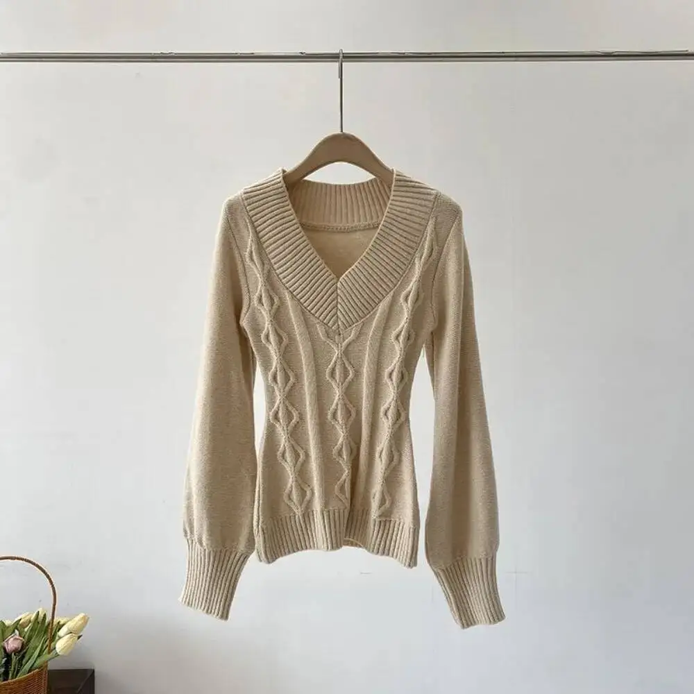 

BabYoung 2025 Winter New Korea Pullover Elegant Lace Mujer Casual Halter Undershirt Puff Sleeve Knit Jumper Loose Twists Knitted