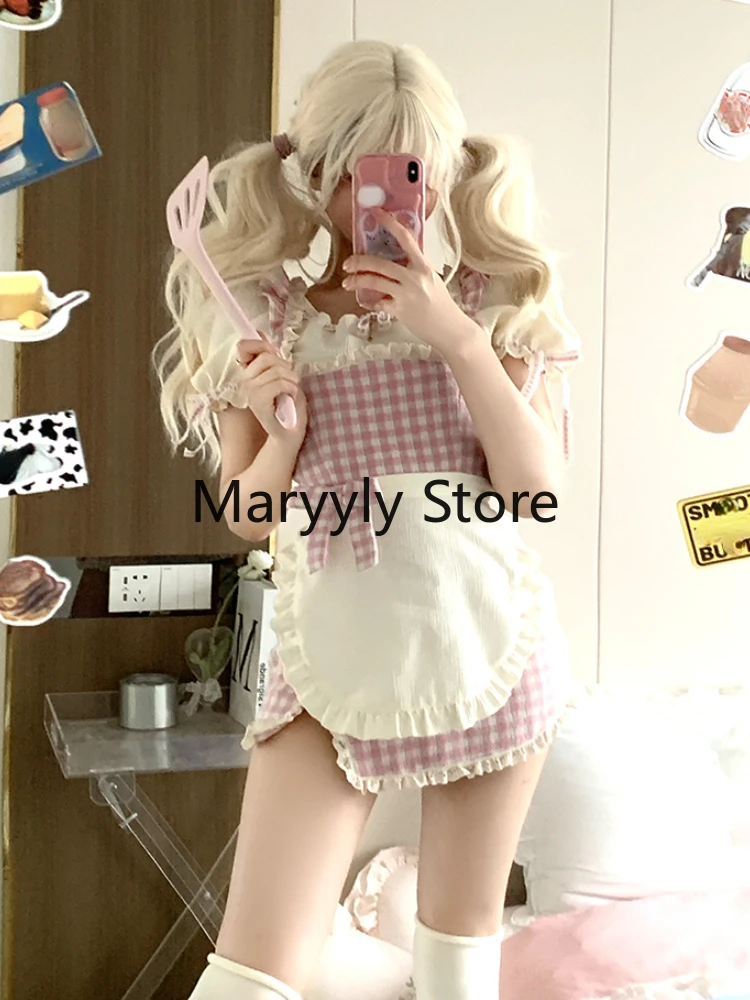 2023 Summer Fashion Outfits Chic White Puff Sleeve Blouse + Pink Plaid Strap Dress Female Sweet Kawaill Y2k Short Party Suits