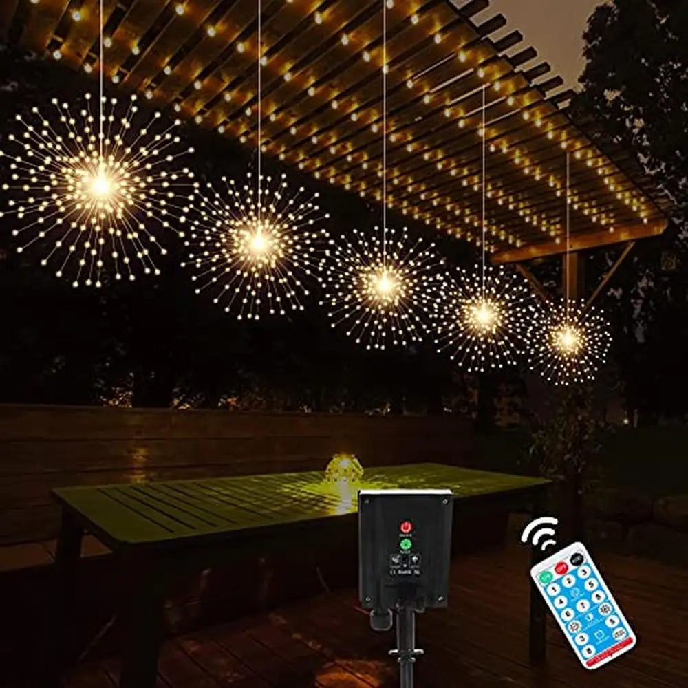 5 Pack LED Solar Firework Lights 8 Modes Dimmable Hanging Fairy Light Copper Wire IP67 Waterproof Starburst Sphere Lights Remote