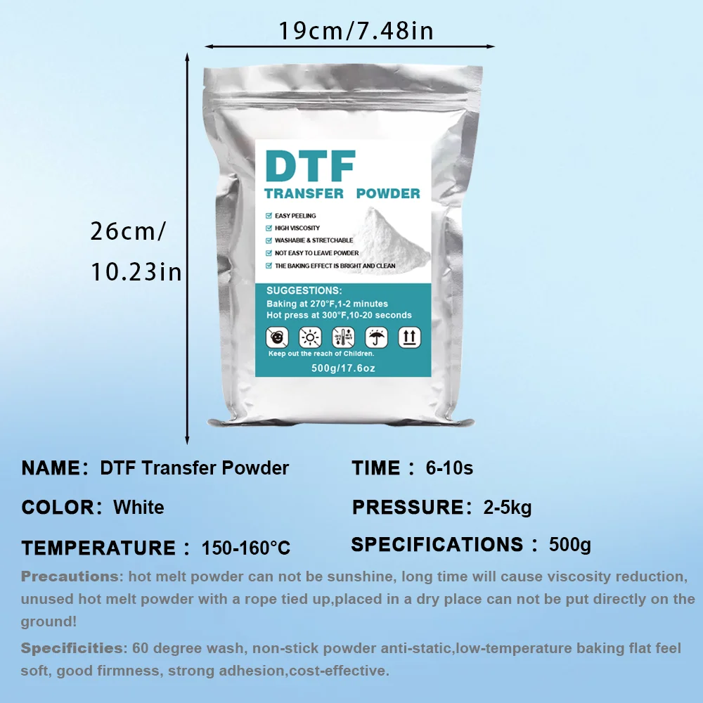 ผง DTF สีขาว - 500 กรัม/17.6 ออนซ์ กาวร้อนแบบดิจิตอลสำหรับการถ่ายโอน, ผงสำหรับการถ่ายโอนที่ผ่านการเตรียมไว้ล่วงหน้าสำหรับผ้าทุกชนิด