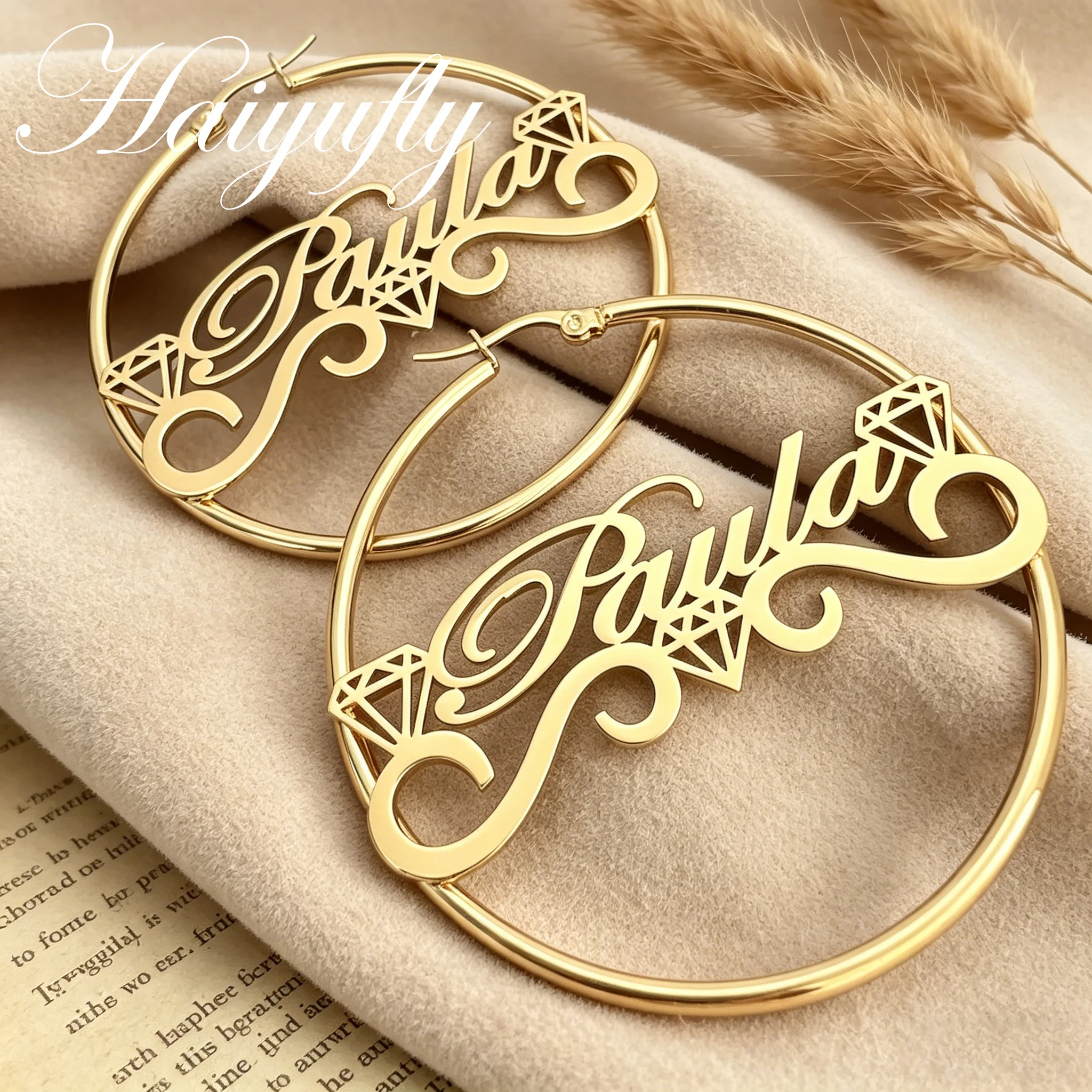 

Haiyufly Custom Name Earring for Women Personalized Diamond Shape Hoop Earring Stainless Steel Jewelry Mother Kids Birthday Gift