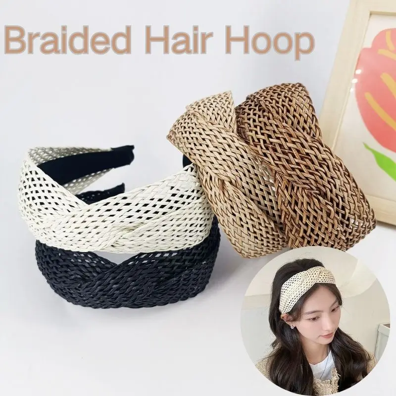 New Bohemian Hairband For Women Fashion Straw Braided Headband Summer Weaving Knotted Cross Hair Hoop Solid Hair Accessories