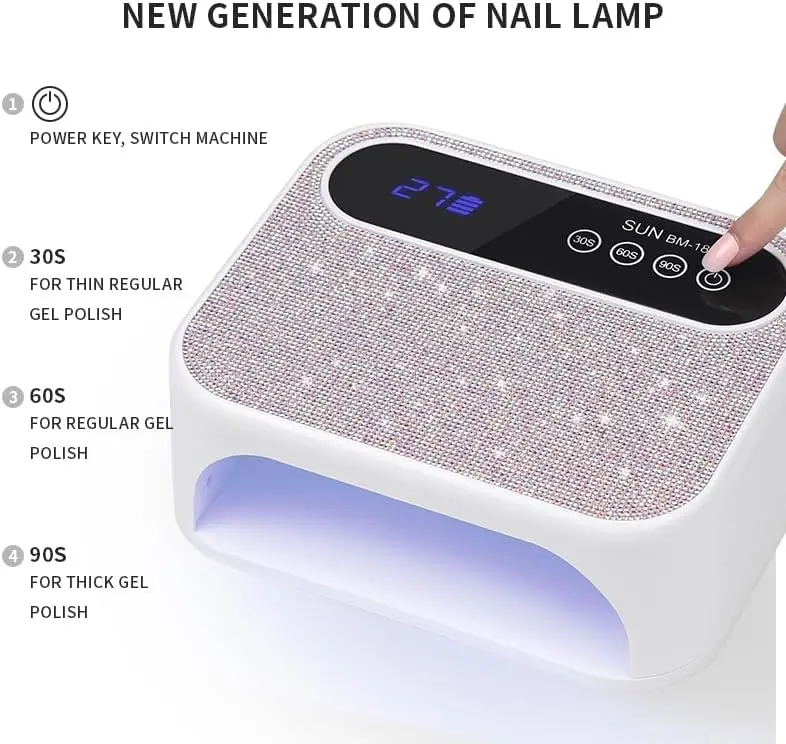 Cordless UV Nail Lamp, 268W Rechargeable UV Gel Nail Light, Sparkling Rhinestones Diamond Fast Curing Nail Dryer