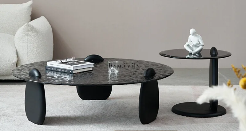 

Italian minimalist ash wood round water ripple coffee table size round glass coffee table