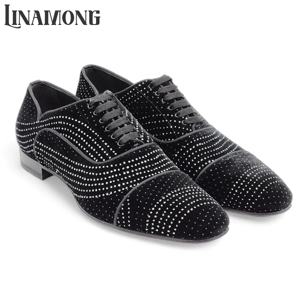 

Velvet Crystal Flat Loafers Rhinestones Embellishments Lace-Up Dress Shoes Luxurious Designer Style Full Crystal Leather Shoes