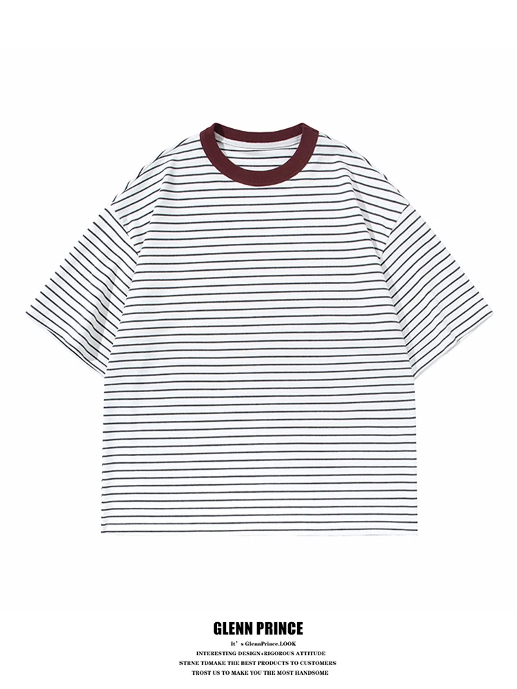 

American Retro Striped Color Block round Neck Short Sleeve T Shirt Men Summer Loose Casual Sea Soul Shirt Unisex Polyester Blend