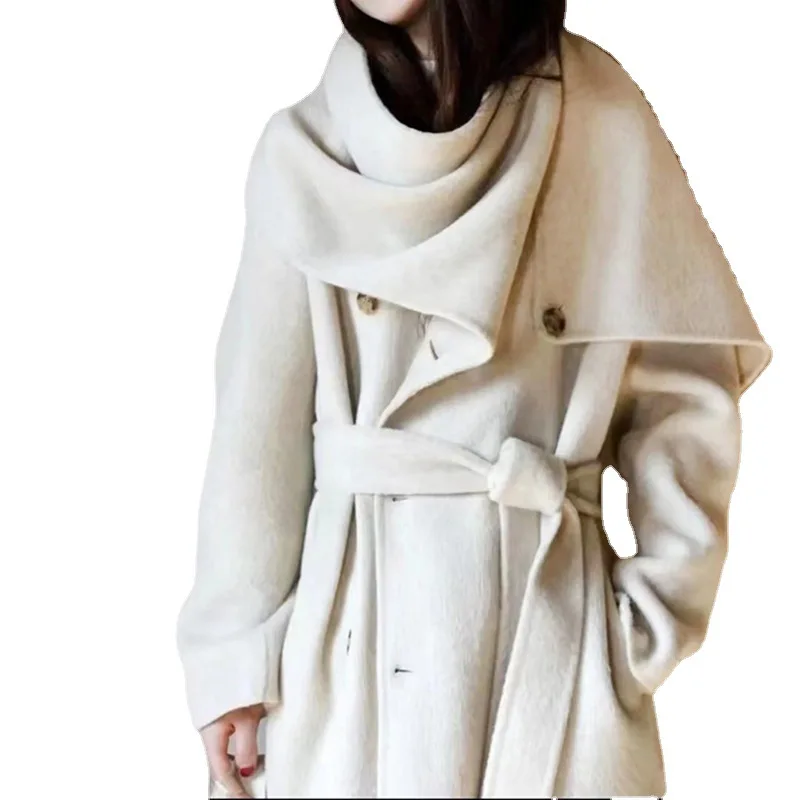 Autumn and Winter 2025 New Coat Shawl Scarf Collar Double breasted Solid Color Extended Women\'s Double Face Woolen Coat