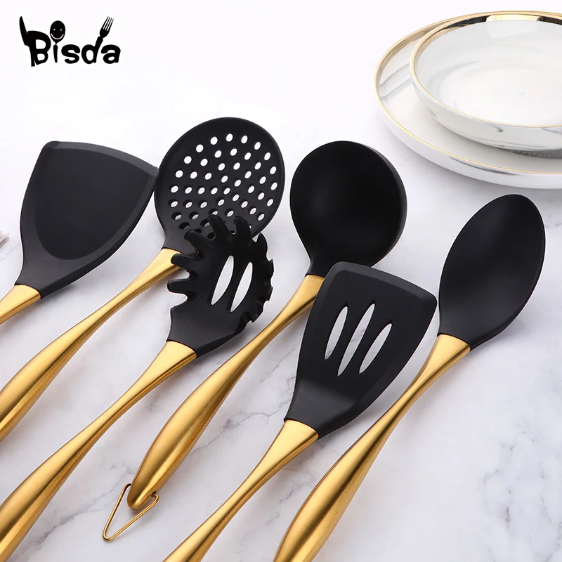 1-7PCS/Set Silicone Cooking Tool Set Rainbow Cookware Kitchen Utensils Non-stick Soup Ladle Spatula Steel Handle With Holder