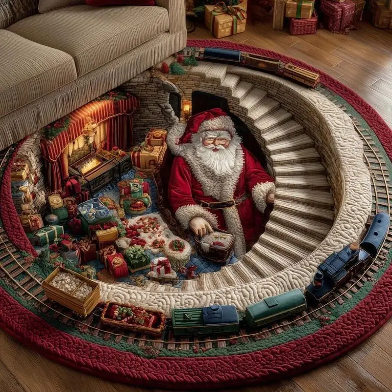 VIKAMA Christmas Rug Round Quilted Print Non Slip Floor Mat for Home Living Room Cozy Holiday Decor for Home Decor Accent